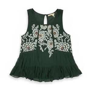 Floreat Anthropologie Roselle Dark Green Embroidered Babydoll Tank Top size S